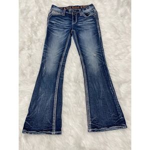 Rock Revival Mid Rise Boot Cut Jeans Sz 27 Faux Flap Pocket Bling Embroidered